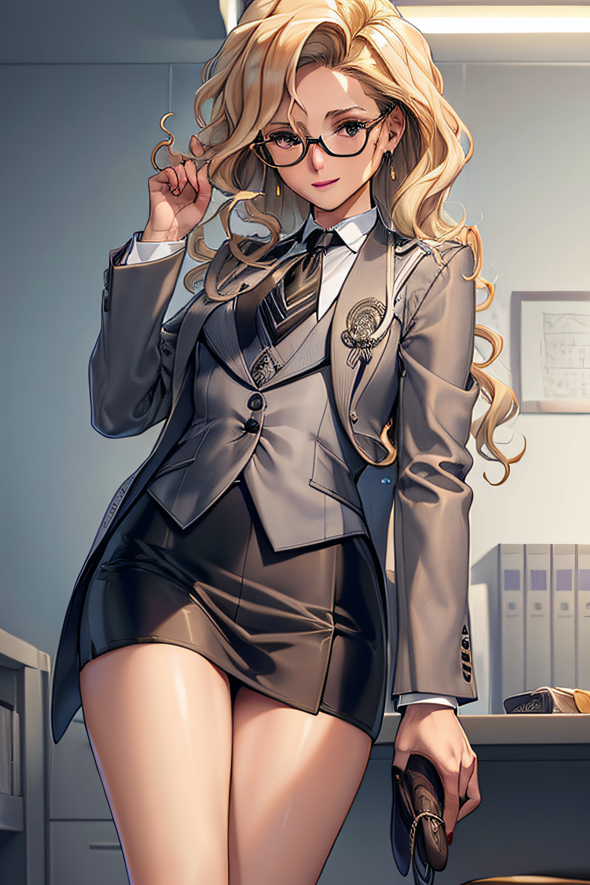 (Masterpiece, Best Quality, High Quality:1.4), professional artwork, well drawn, Intricate Details, field of view, sharp focus, detailed painting, masterpiece, cinematic lighting, trending on pixiv, vivid lighting, vibrant colors, by by Nagasawa Rosetsu,
MadamePresident, mature female, milf, standing, hands on waist, office background, afternoon, full body shot,
blonde hair, long hair, wavy hair, lipstick, makeup, ultra detail hair, ultra detail face, perfect eyes, perfect face, earring, brown eyes, Looking at Viewer, flirting, smiling,
grey skirt suit, (((three-piece suit))), necktie, blazer, (((suit jacket))), (((waistcoat))), double-breasted waistcoat, (((miniskirt))), (((pencil skirt))), stockings, skirt, tie clip, pocket square, pantyhose, high heels, glasses, cufflinks,
red nails, nail polish,