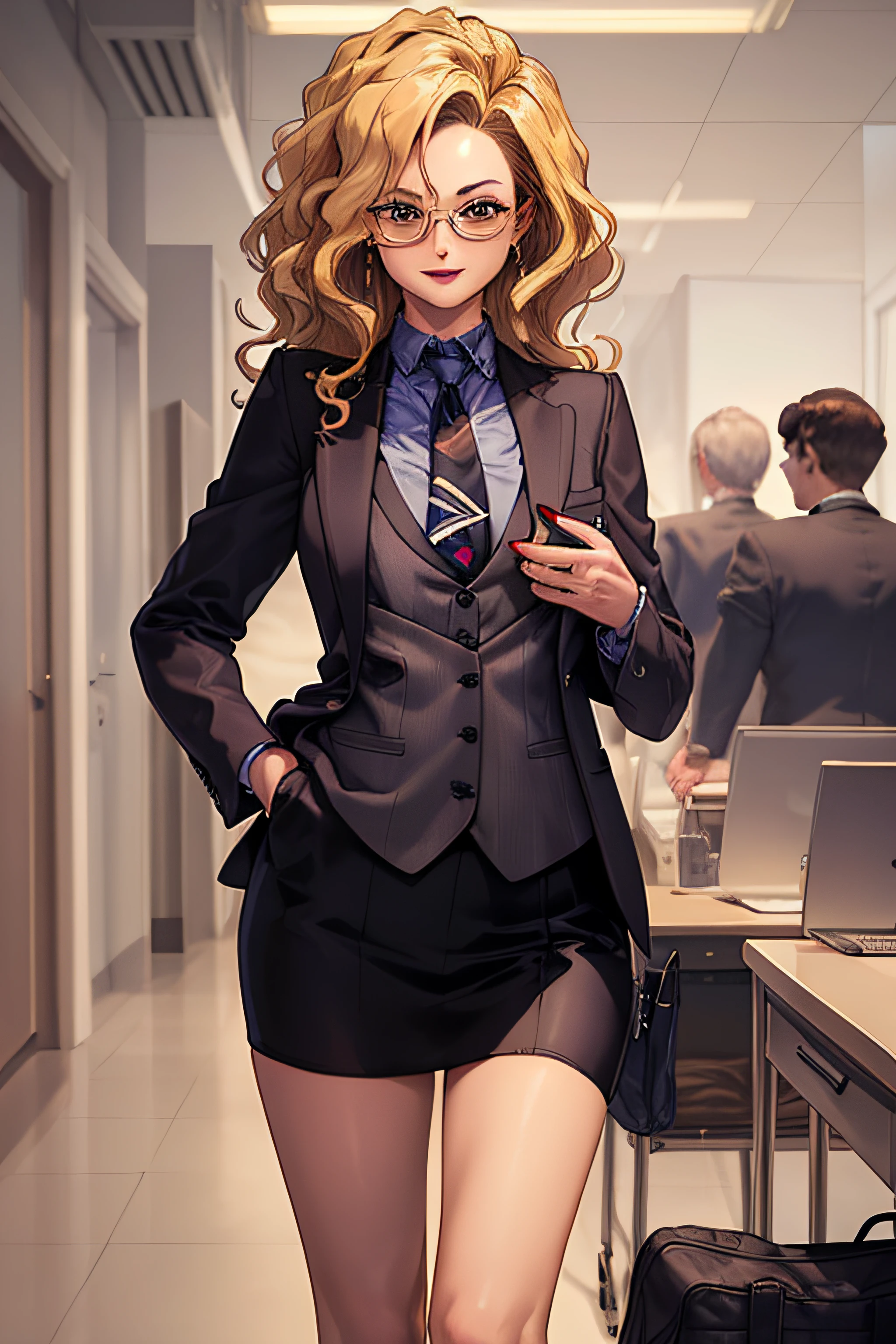 (Masterpiece, Best Quality, High Quality:1.4), professional artwork, well drawn, Intricate Details, field of view, sharp focus, detailed painting, masterpiece, cinematic lighting, trending on pixiv, vivid lighting, vibrant colors, by by Nagasawa Rosetsu,
MadamePresident, mature female, milf, standing, hands on waist, office background, afternoon, full body shot,
blonde hair, long hair, wavy hair, lipstick, makeup, ultra detail hair, ultra detail face, perfect eyes, perfect face, earring, brown eyes, Looking at Viewer, flirting, smiling,
grey skirt suit, (((three-piece suit))), necktie, blazer, (((suit jacket))), (((waistcoat))), double-breasted waistcoat, (((miniskirt))), (((pencil skirt))), stockings, skirt, tie clip, pocket square, pantyhose, high heels, glasses, cufflinks,
red nails, nail polish,