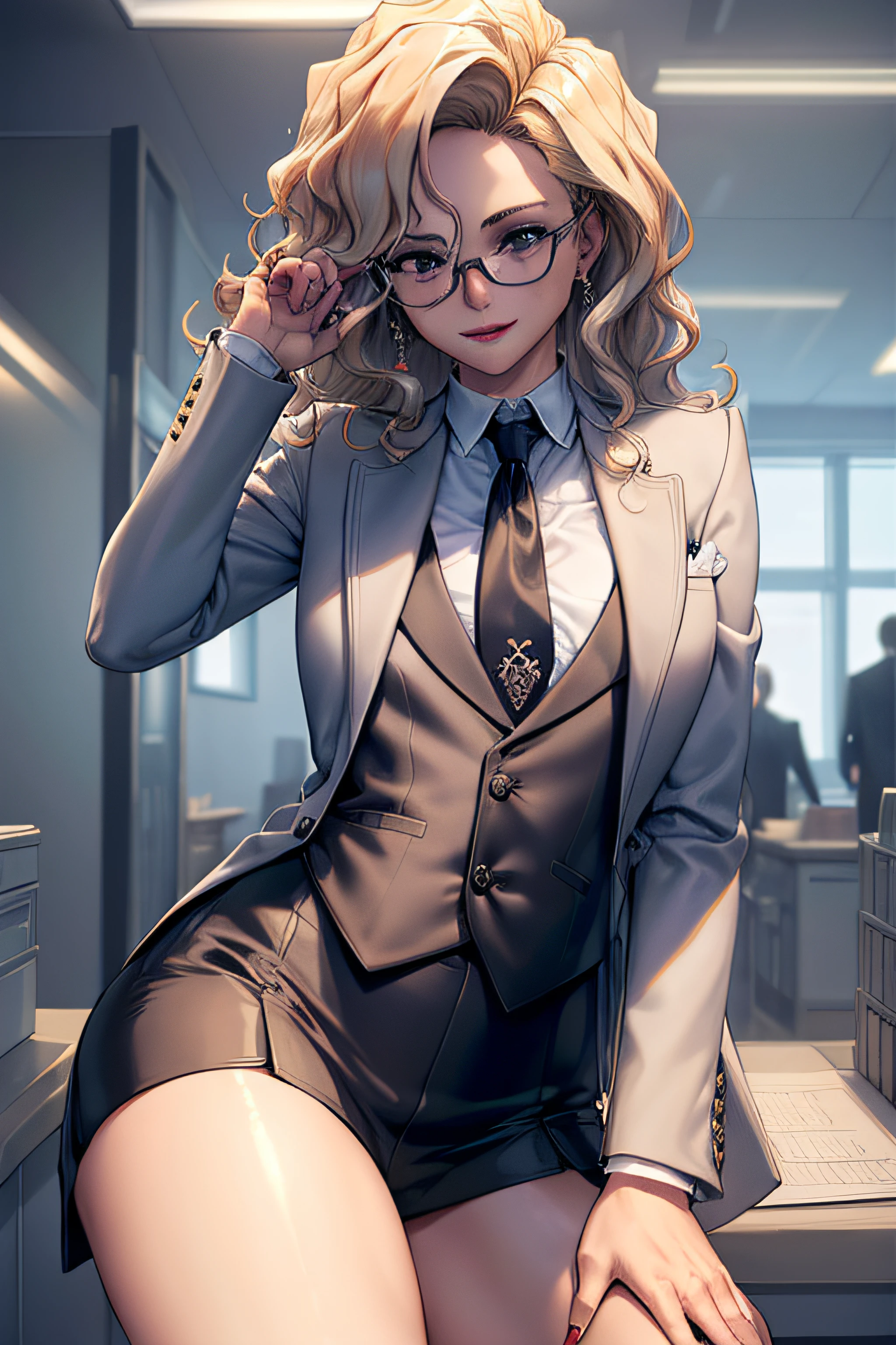 (Masterpiece, Best Quality, High Quality:1.4), professional artwork, well drawn, Intricate Details, field of view, sharp focus, detailed painting, masterpiece, cinematic lighting, trending on pixiv, vivid lighting, vibrant colors, by by Nagasawa Rosetsu,
MadamePresident, mature female, milf, standing, hands on waist, office background, afternoon, full body shot,
blonde hair, long hair, wavy hair, lipstick, makeup, ultra detail hair, ultra detail face, perfect eyes, perfect face, earring, brown eyes, Looking at Viewer, flirting, smiling,
grey skirt suit, (((three-piece suit))), necktie, blazer, (((suit jacket))), (((waistcoat))), double-breasted waistcoat, (((miniskirt))), (((pencil skirt))), stockings, skirt, tie clip, pocket square, pantyhose, high heels, glasses, cufflinks,
red nails, nail polish, hentai 69(sex position)