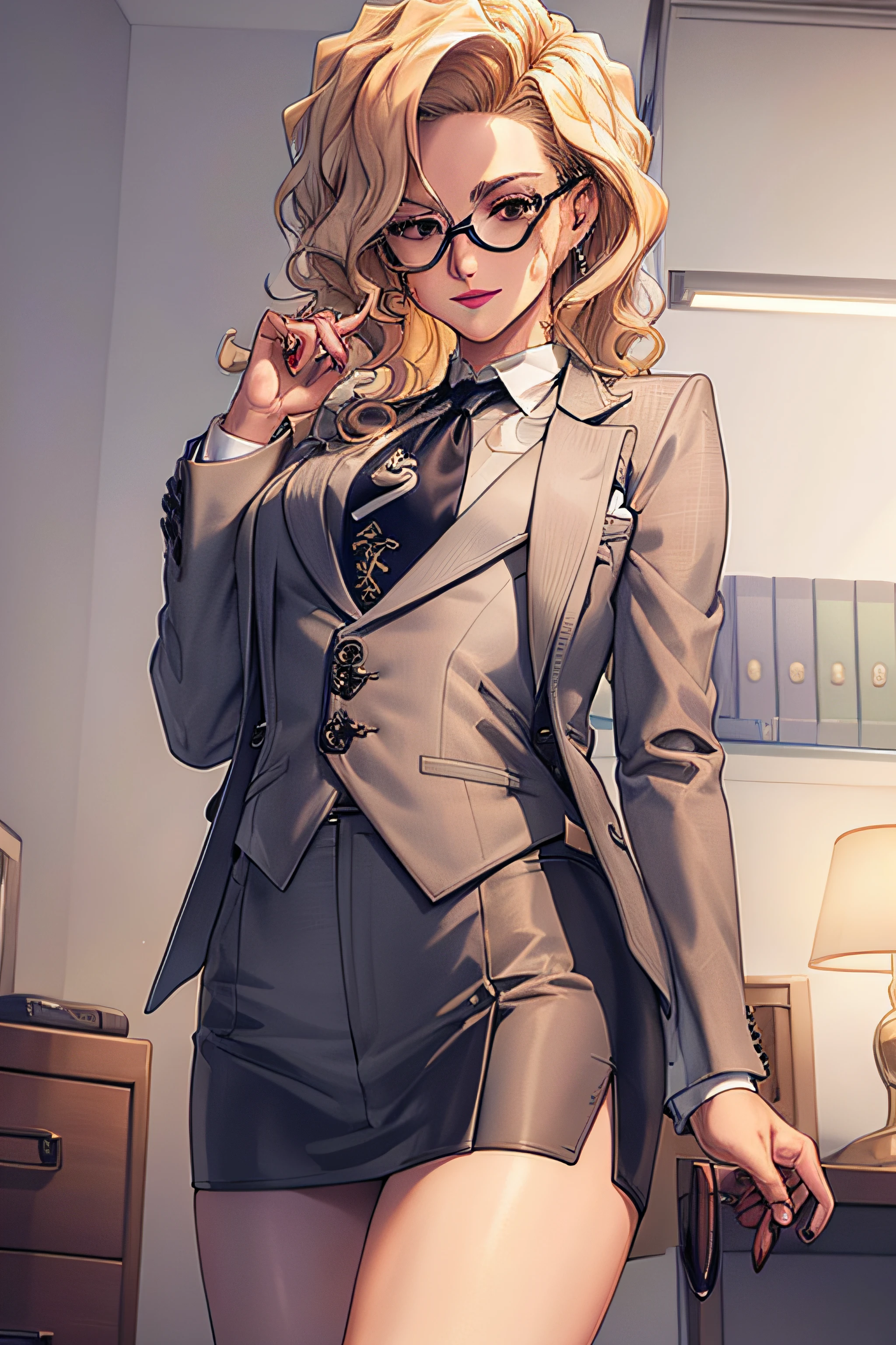 (Masterpiece, Best Quality, High Quality:1.4), professional artwork, well drawn, Intricate Details, field of view, sharp focus, detailed painting, masterpiece, cinematic lighting, trending on pixiv, vivid lighting, vibrant colors, by by Nagasawa Rosetsu,
MadamePresident, mature female, milf, standing, hands on waist, office background, afternoon, full body shot,
blonde hair, long hair, wavy hair, lipstick, makeup, ultra detail hair, ultra detail face, perfect eyes, perfect face, earring, brown eyes, Looking at Viewer, flirting, smiling,
grey skirt suit, (((three-piece suit))), necktie, blazer, (((suit jacket))), (((waistcoat))), double-breasted waistcoat, (((miniskirt))), (((pencil skirt))), stockings, skirt, tie clip, pocket square, pantyhose, high heels, glasses, cufflinks,
red nails, nail polish,