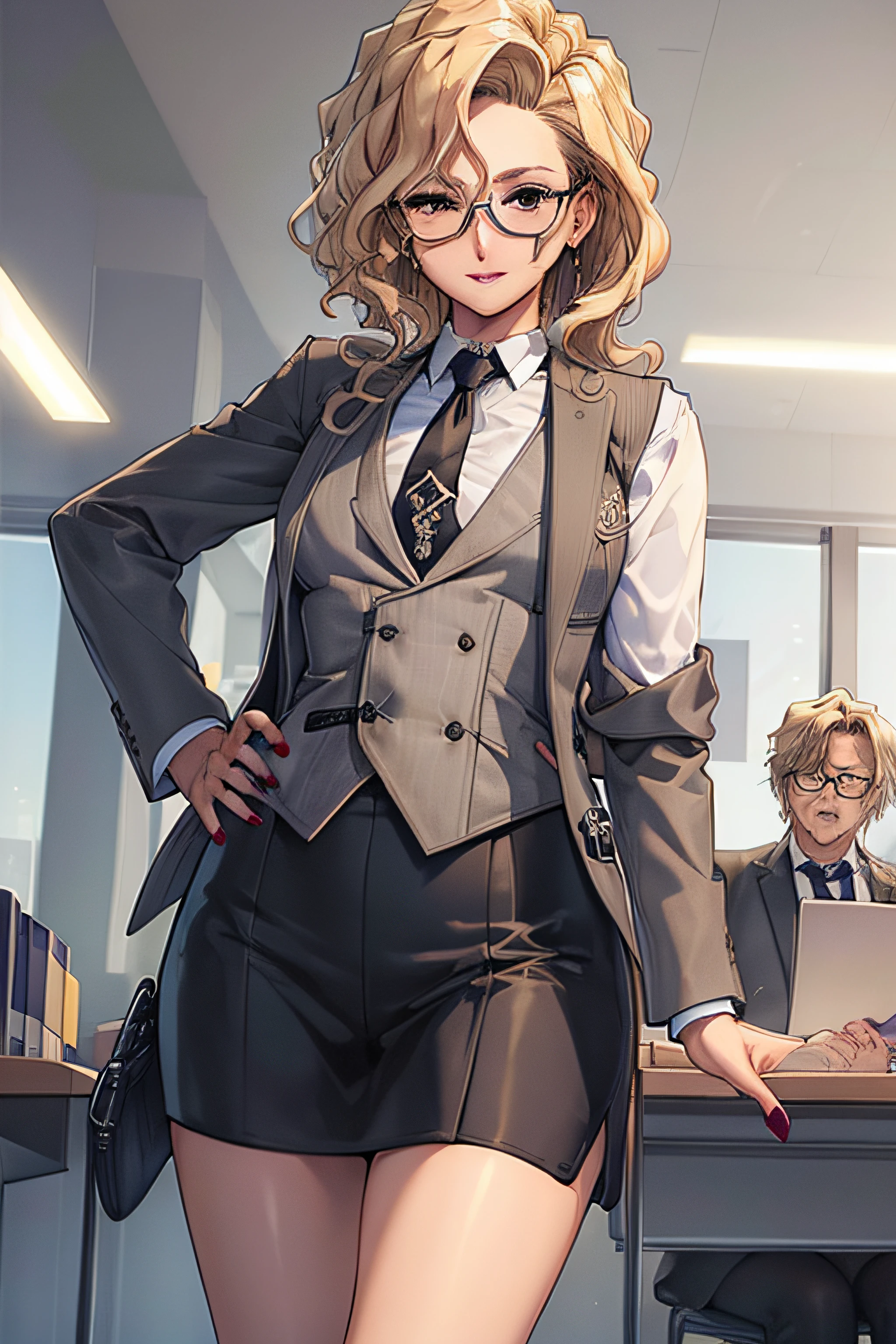 (Masterpiece, Best Quality, High Quality:1.4), professional artwork, well drawn, Intricate Details, field of view, sharp focus, detailed painting, masterpiece, cinematic lighting, trending on pixiv, vivid lighting, vibrant colors, by by Nagasawa Rosetsu,
MadamePresident, mature female, milf, standing, hands on waist, office background, afternoon, full body shot,
blonde hair, long hair, wavy hair, lipstick, makeup, ultra detail hair, ultra detail face, perfect eyes, perfect face, earring, brown eyes, Looking at Viewer, flirting, smiling,
grey skirt suit, (((three-piece suit))), necktie, blazer, (((suit jacket))), (((waistcoat))), double-breasted waistcoat, (((miniskirt))), (((pencil skirt))), stockings, skirt, tie clip, pocket square, pantyhose, high heels, glasses, cufflinks,
red nails, nail polish,