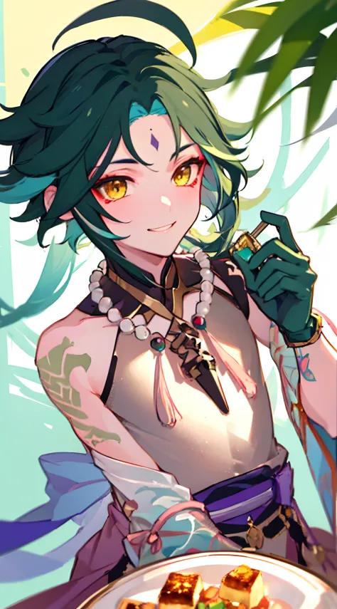 xiao, (genshin impact), gloves, tattoo, arm tattoo, necklace, jewelry, mask, green hair, bead necklace, multicolored hair, beads, yellow eyes, weapon, 1boy, male focus, high quality, masterpiece, beautiful, dressed in sweet paradise, sweet paradise oufit, ...