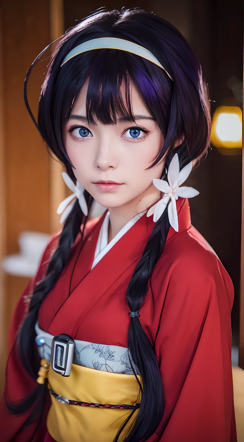 top-quality, 8K, ultra-detailliert, izumi kyouka, Red kimono, Tasukikake, shairband, long bowed hair, (Black-purple hair:1.1), 14years, Blue eyes