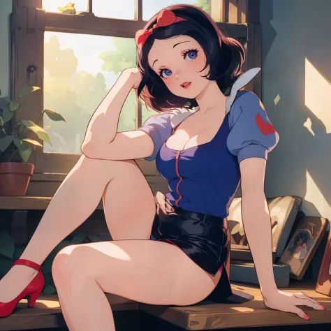 (risograph)  (masterpiece, best quality) ( 1girl, solo ) snow white, (cleavage) (perfect legs) (white panties) (open legs) modern disney style, cartoon style, red bow, blue eyes, short black hair, sitting on a window sill with a black bra and cuffs, wrappe...