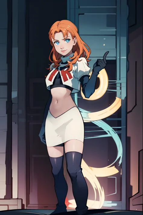 Annette_war's face with a confident and evil smile; she is a beautiful girl with blue eyes, lipstick, long hair, orange hair, She is dressed in a white skirt and a white crop top with a red letter "R" , paired with black thigh-highs and black elbow gloves....