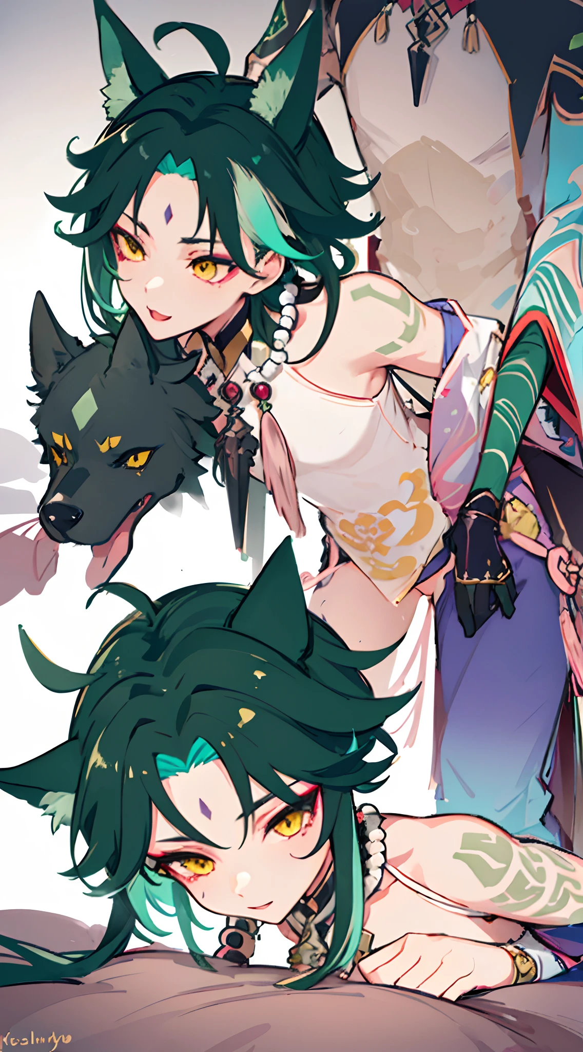 A couple of anime characters with green hair and horns - SeaArt AI