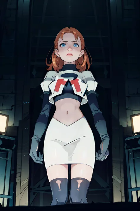 Annette War is wearing the Team Rocket uniform, which consists of a white skirt and a white crop top. She completes her outfit with black thigh-highs and black elbow gloves. The uniform prominently features a red letter R on the chest. Annette War is stand...