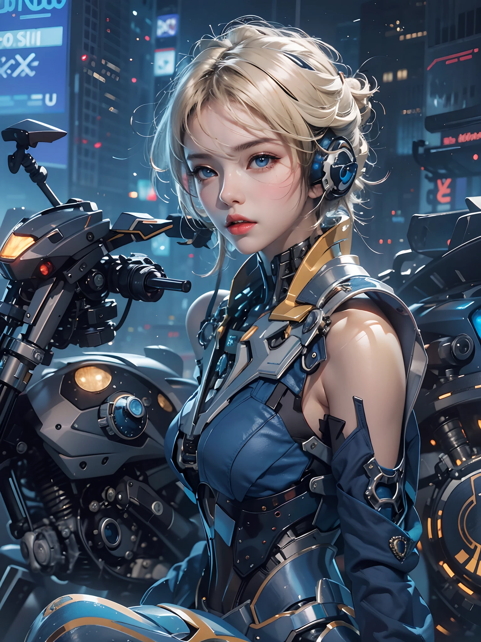 Highest image quality, outstanding details, ultra-high resolution, (realism: 1.4), the best illustration, favor details, highly condensed 1girl, with a delicate and beautiful face, dressed in a black and blue mecha, wearing a mecha helmet, holding a directional controller, riding on a motorcycle, the background is a high-tech lighting scene of the future city, Uhd, 8k, midshot, blonde short hair