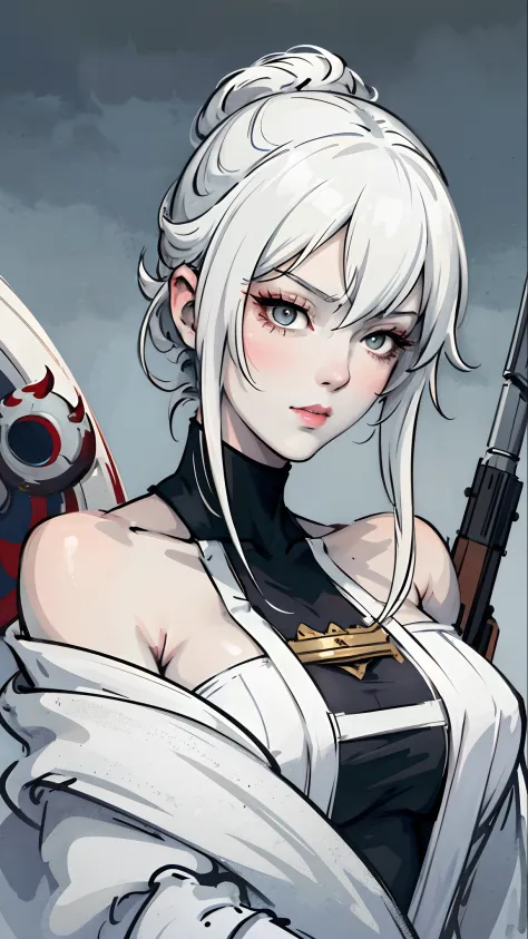 a close up of a woman with white hair and a white mask, beautiful character painting, perfect breast, muscular body,guweiz, artw...