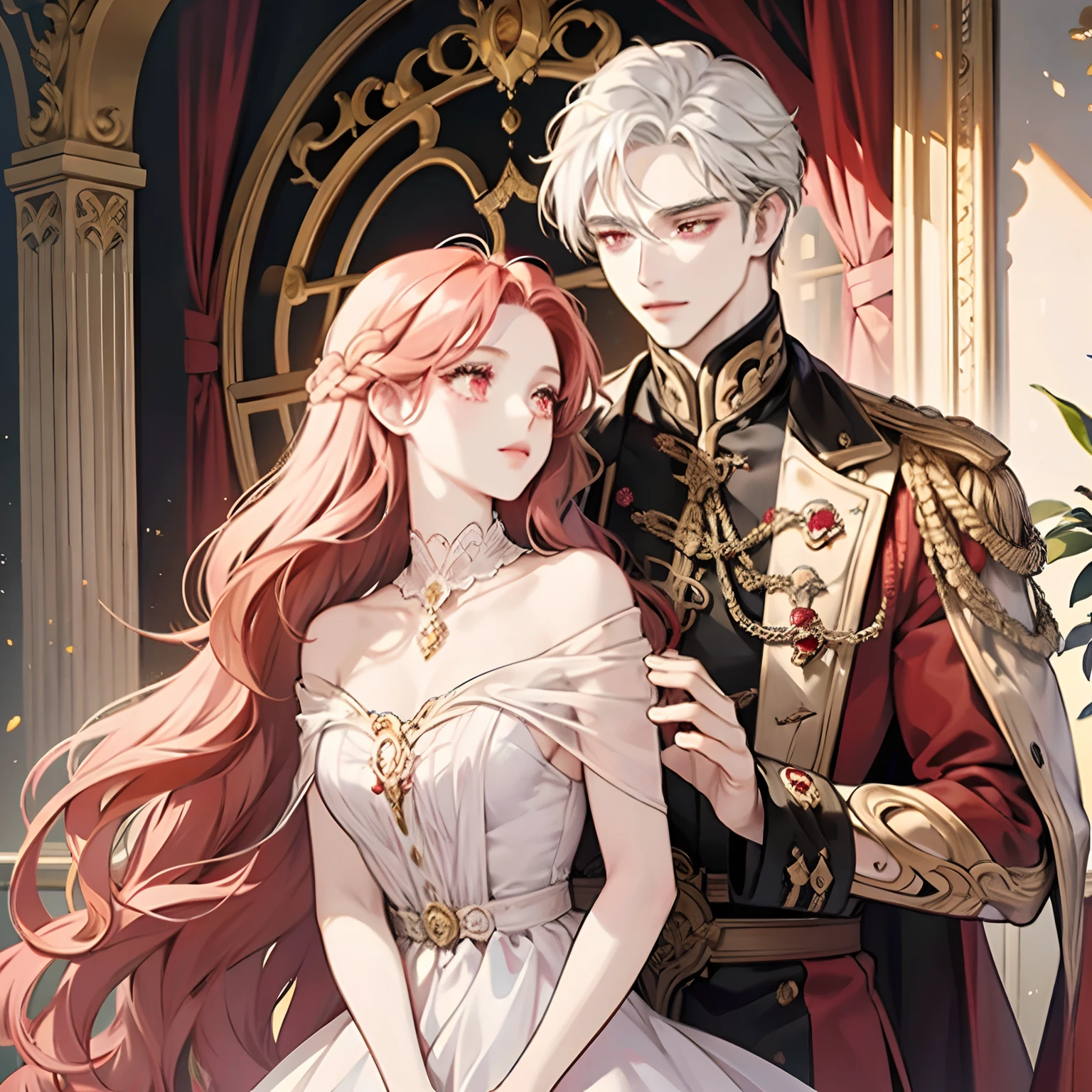 1 man with long straight red hair and golden eyes hugging 1 woman with wavy white hair and pink eyes., Royal style family, Elegant, High Quality, high-detail, detailed face, masterpiece, stand