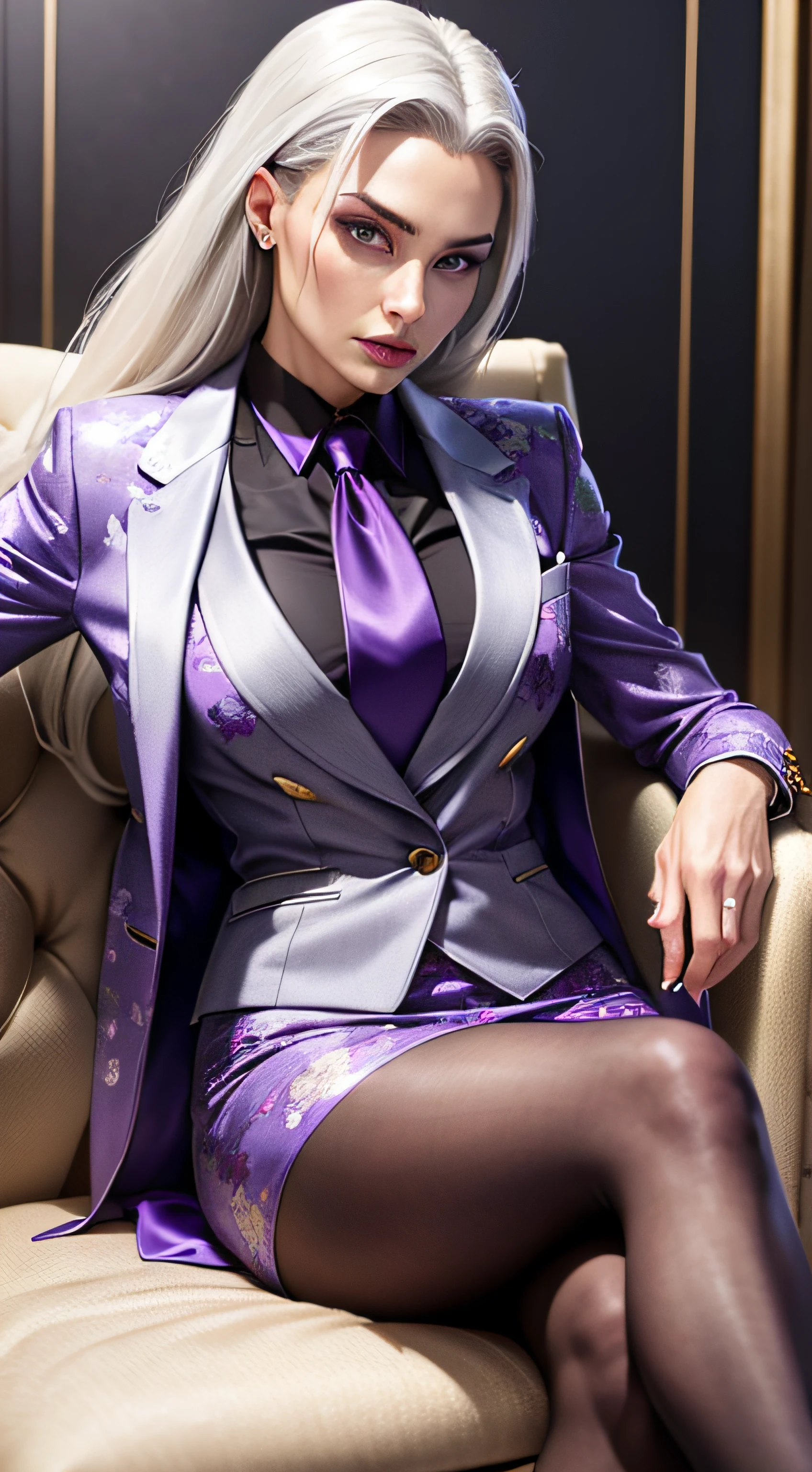 1 woman, SFW, perfect lighting, seios grandes,
gray hair
Sindel's Hair
long hair pulled back
Long, straight hair back
multicolored hair,
Sindel, 8k, perfect hands,((obra-prima)), purple skirt suit, satin suit and tie, (((three-piece suit))), silk dress shirt, shirt and tie, silk floral necktie, ((floral blazer)), ((suit jacket)), open jacket, ((waistcoat)), bodycon miniskirt, tights, pocket square, tie clip, cufflinks | |
microvestido, MILF, sitting on throne, queen, empress, crossed legs, high class, sneer, disgust, holding wine glass