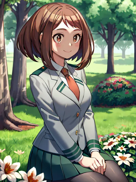a beautiful and detailed character portrait of ochako, brown hair, school uniform, pantyhose, green skirt,grey coat, tie, , smil...