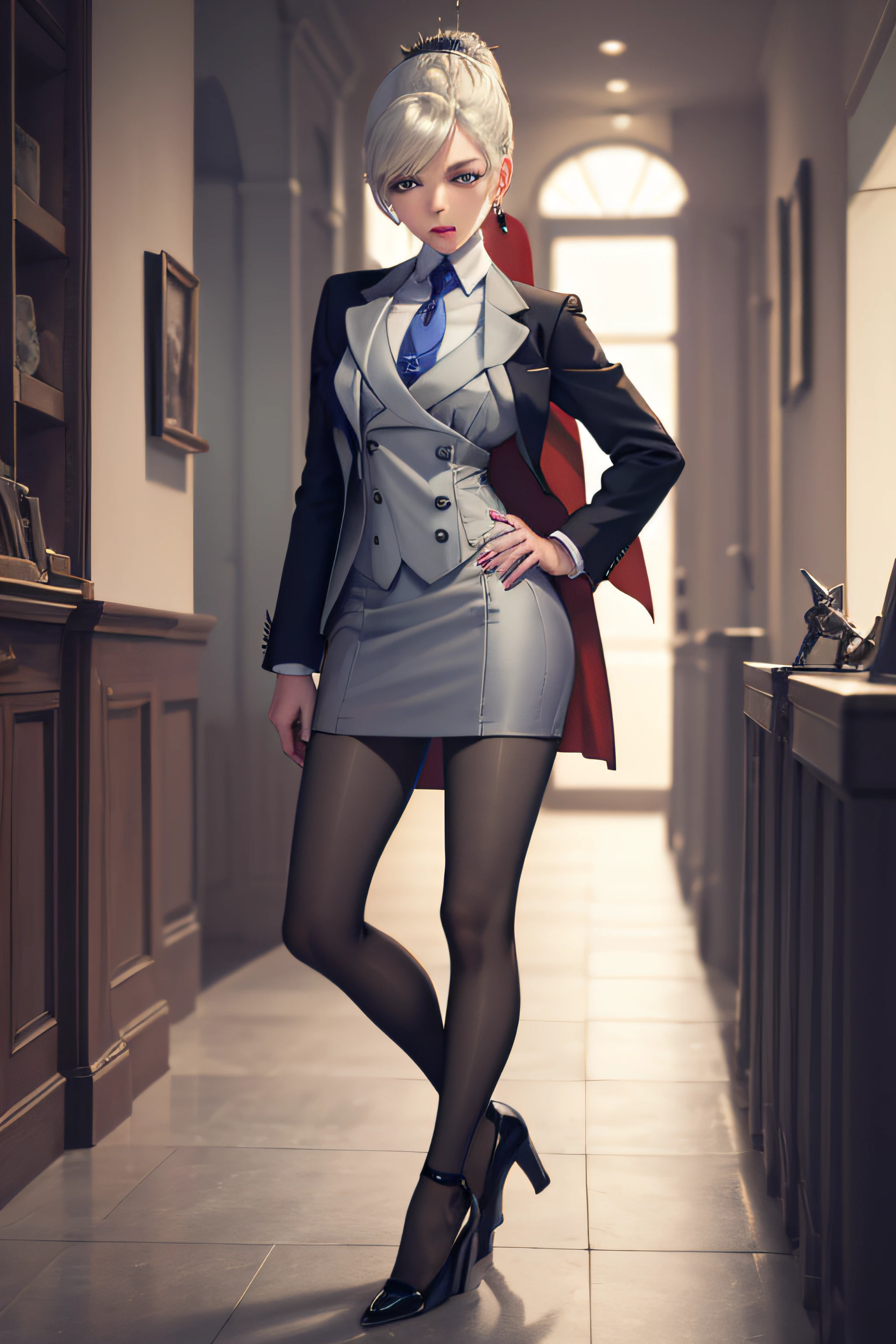 (masterpiece, best quality:1.2), cowboy shot, solo, 1girl, weissvale, looking at viewer, hand on hip, ponytail, scar on eye,  skirt suit, (((three-piece suit))), necktie, blazer, (((suit jacket))), (((waistcoat))), double-breasted waistcoat, bodycon miniskirt, pencil skirt, tie clip, pocket square, pocket watch, pantyhose, high heels, earrings
