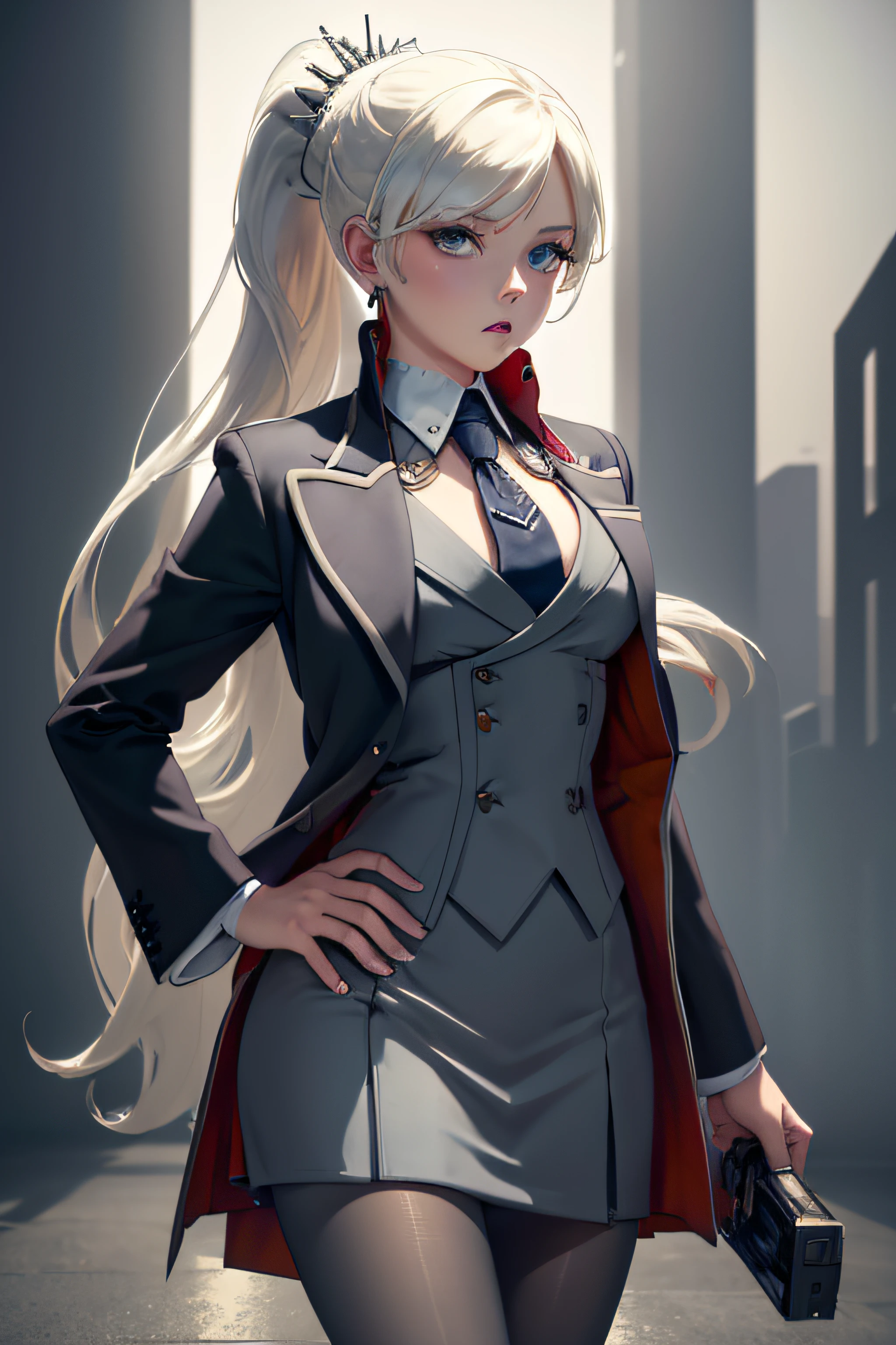 (masterpiece, best quality:1.2), cowboy shot, solo, 1girl, weissvale, looking at viewer, hand on hip, ponytail, scar on eye,  skirt suit, (((three-piece suit))), necktie, blazer, (((suit jacket))), (((waistcoat))), double-breasted waistcoat, bodycon miniskirt, pencil skirt, tie clip, pocket square, pocket watch, pantyhose, high heels, earrings, holding penis, sex, blowjob