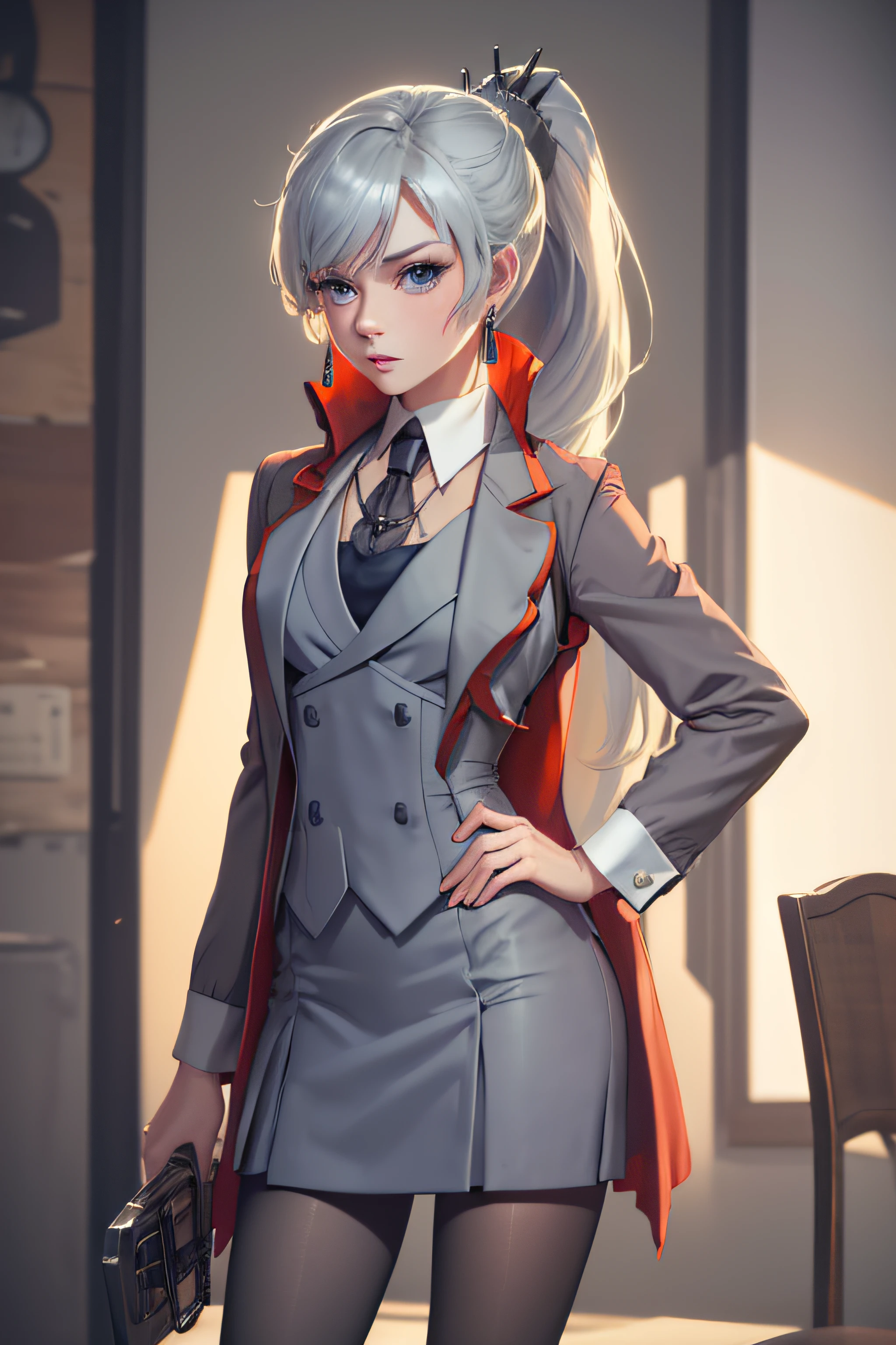 (masterpiece, best quality:1.2), cowboy shot, solo, 1girl, weissvale, looking at viewer, hand on hip, ponytail, scar on eye,  skirt suit, (((three-piece suit))), necktie, blazer, (((suit jacket))), (((waistcoat))), double-breasted waistcoat, bodycon miniskirt, pencil skirt, tie clip, pocket square, pocket watch, pantyhose, high heels, earrings, holding penis, sex, blowjob