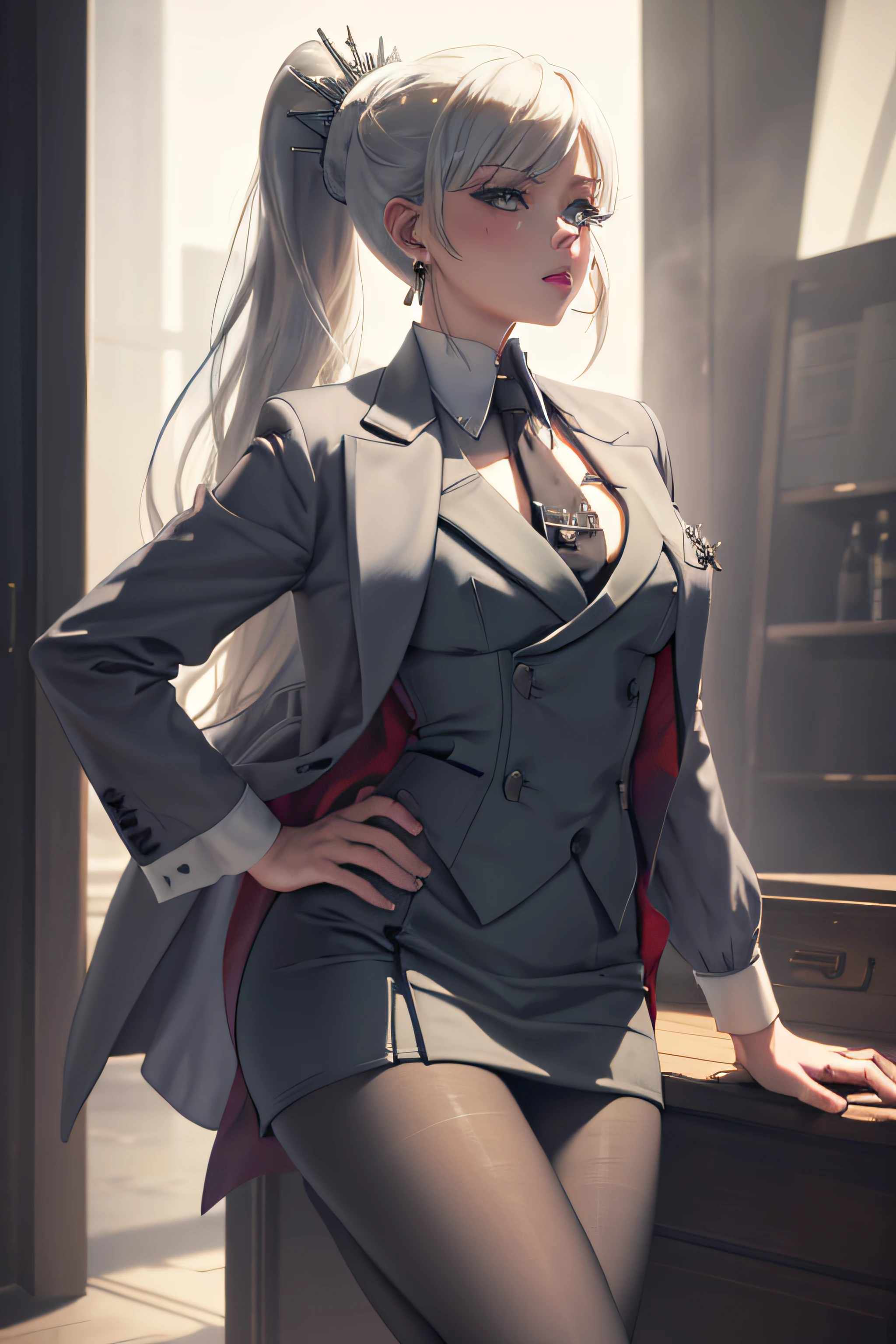 (masterpiece, best quality:1.2), cowboy shot, solo, 1girl, weissvale, looking at viewer, hand on hip, ponytail, scar on eye,  skirt suit, (((three-piece suit))), necktie, blazer, (((suit jacket))), (((waistcoat))), double-breasted waistcoat, bodycon miniskirt, pencil skirt, tie clip, pocket square, pocket watch, pantyhose, high heels, earrings, holding penis, sex, blowjob