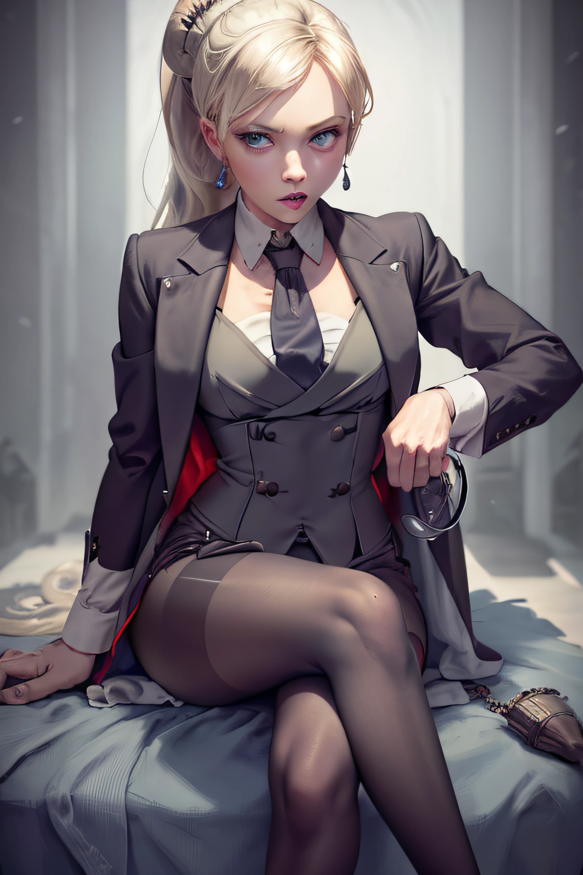(masterpiece, best quality:1.2), cowboy shot, solo, 1girl, weissvale, looking at viewer, hand on hip, ponytail, scar on eye, sitting on throne, crossed legs,  skirt suit, (((three-piece suit))), necktie, blazer, (((suit jacket))), (((waistcoat))), double-breasted waistcoat, bodycon miniskirt, pencil skirt, tie clip, pocket square, pocket watch, pantyhose, high heels, earrings, blowbang, blowjob , penis , oral sex, ,fellatio, multiple men