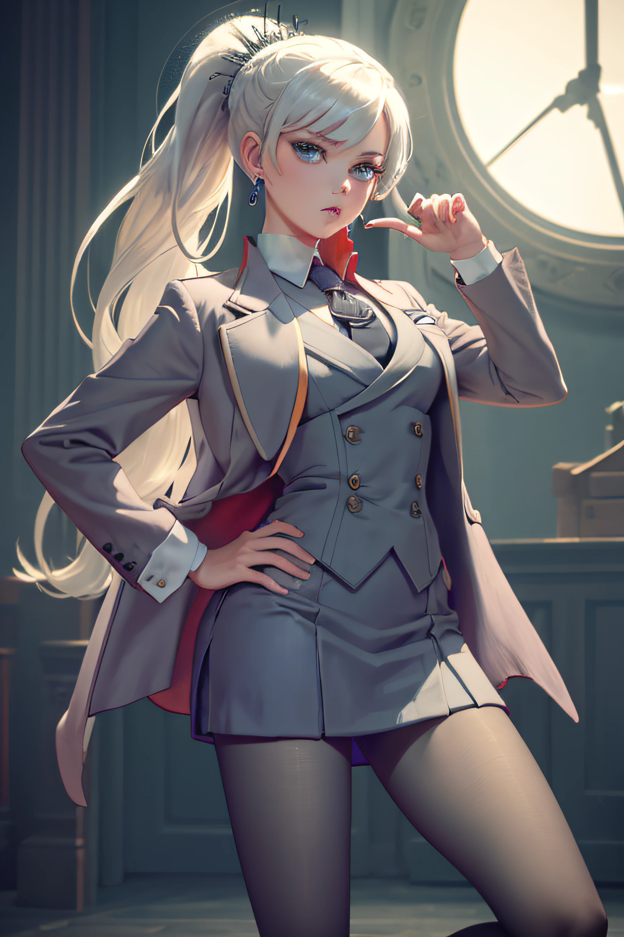 (masterpiece, best quality:1.2), cowboy shot, solo, 1girl, weissvale, looking at viewer, hand on hip, ponytail, scar on eye,  skirt suit, (((three-piece suit))), necktie, blazer, (((suit jacket))), (((waistcoat))), double-breasted waistcoat, bodycon miniskirt, pencil skirt, tie clip, pocket square, pocket watch, pantyhose, high heels, earrings