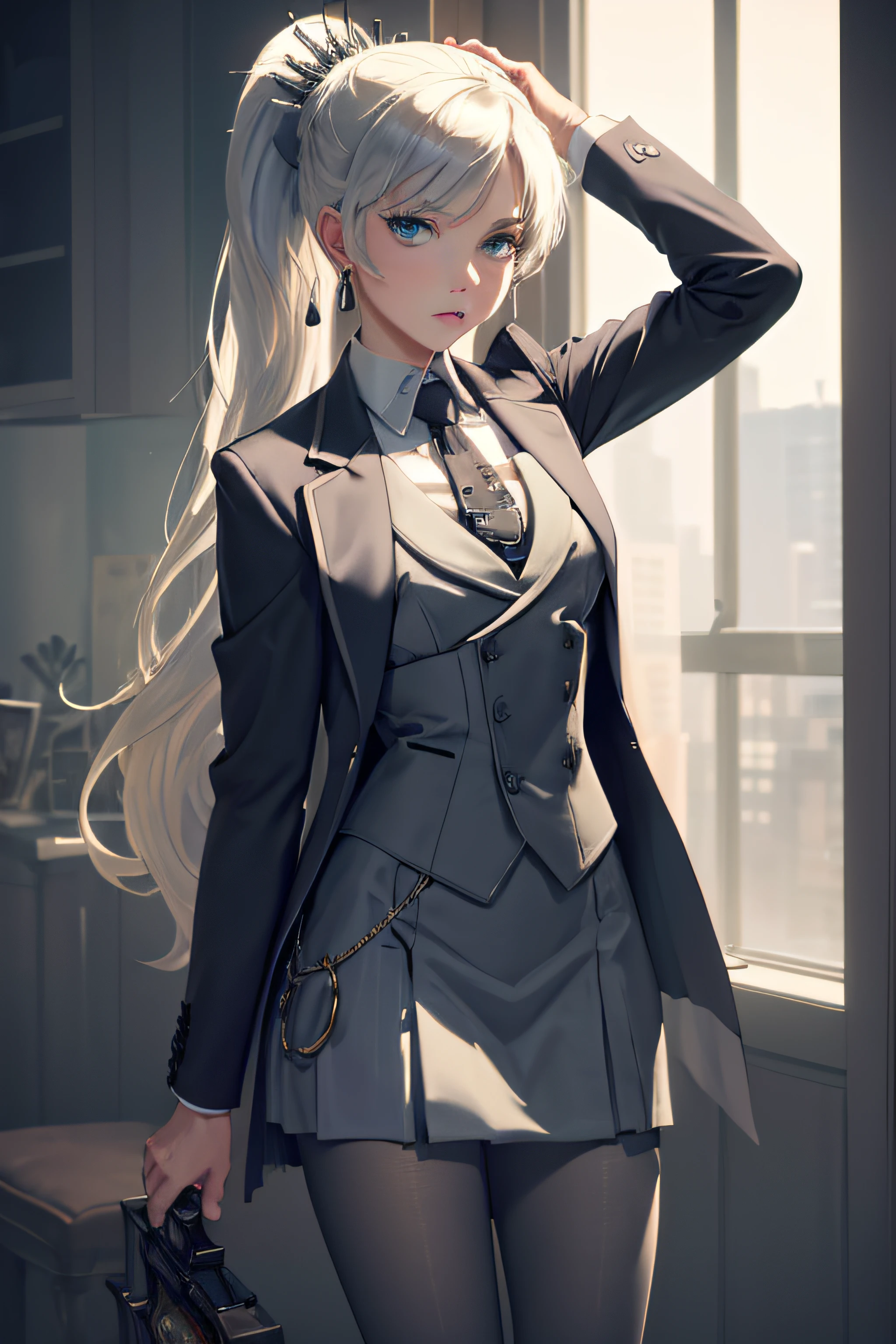 (masterpiece, best quality:1.2), cowboy shot, solo, 1girl, weissvale, looking at viewer, hand on hip, ponytail, scar on eye,  skirt suit, (((three-piece suit))), necktie, blazer, (((suit jacket))), (((waistcoat))), double-breasted waistcoat, bodycon skirt, pencil skirt, tie clip, pocket square, pocket watch, pantyhose, high heels, earrings