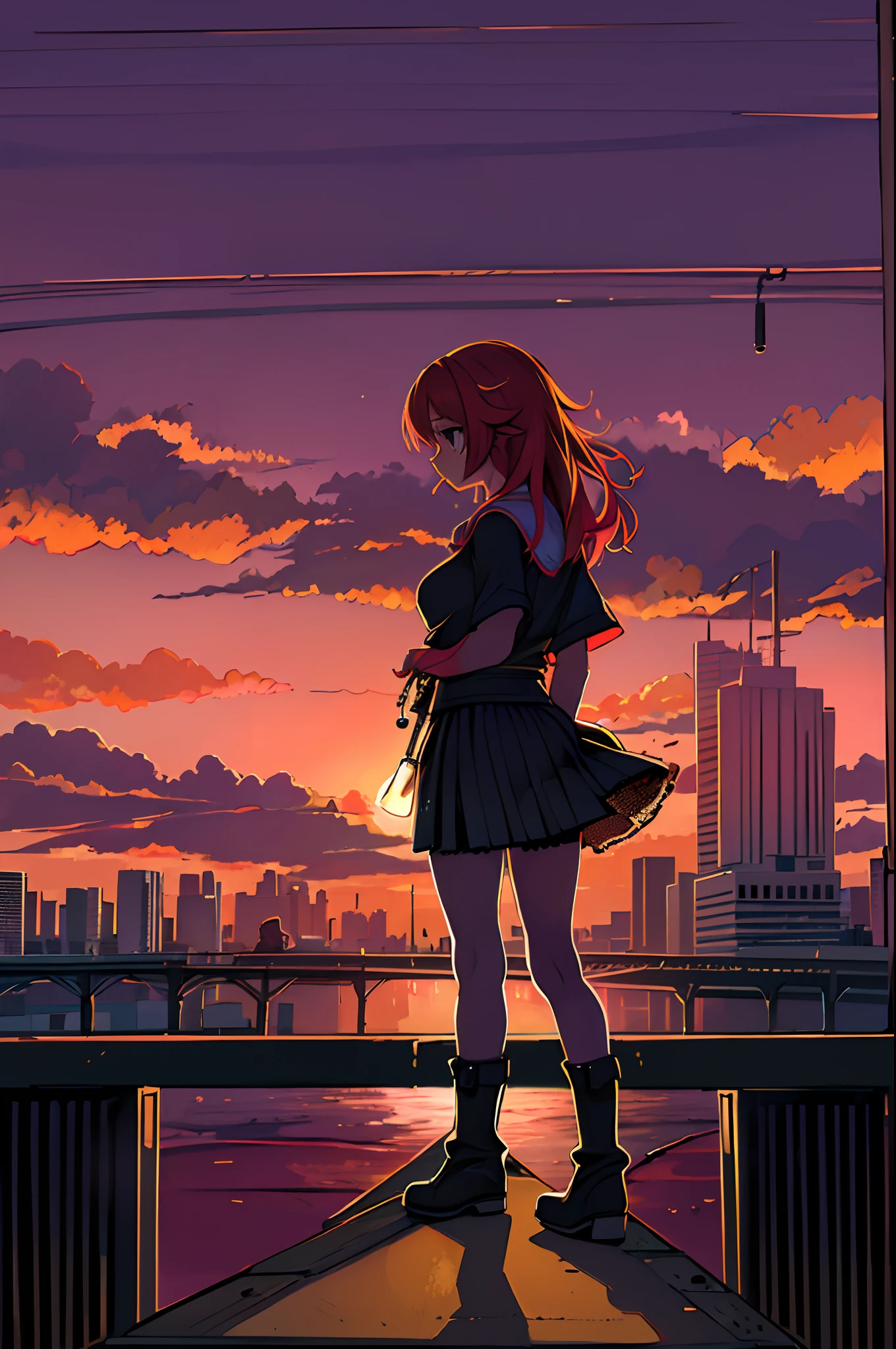 ((beste Illustration)) Brasilianische Mädchen, Rote Haare, Teenager-Körper, schwarzes Oberteil, schwarzer enger Rock, schwarze Stiefel, städtische Landschaft, Gebäude, Horizont, Sonnenuntergang, Silhouette vor dem Hintergrund der Wolken, nachdenklich.