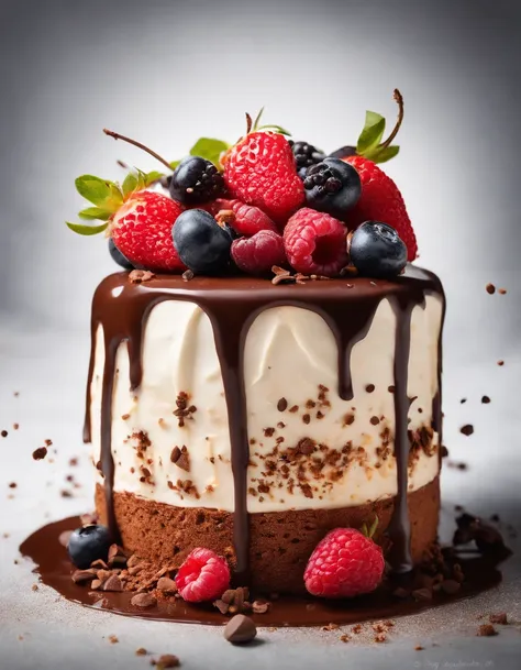 A Cheseecake Art With Berries And Chocolate Falling Down Of It On A ...