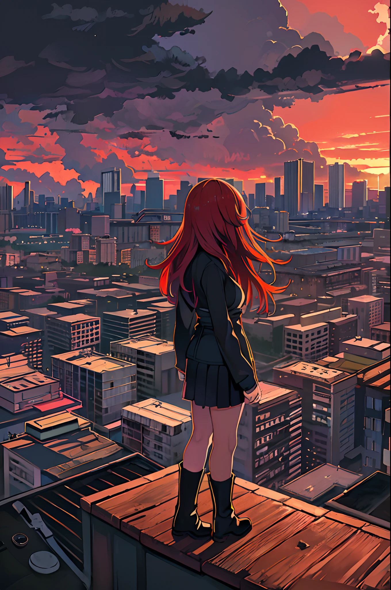 ((mejor ilustración)) chicas brasileñas, cabello rojo, cuerpo adolescente, tapa negra, falda ajustada negra, botas negras, Paisaje urbano, edificio, linea del cielo, atardecer, Silueta contra el fondo de las nubes, contemplativo.