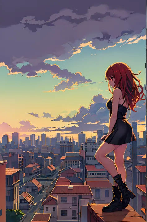 ((Best Illustration)) Brazilian girls, Red hair, Teenage body, Black top, Black tight skirt, black boots, Urban landscape, build...