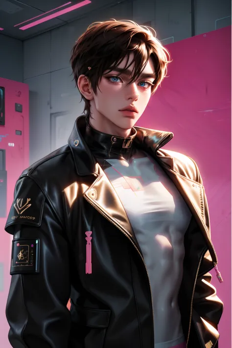 male idol ((gamer)), Medium length brown hair, Wear a tattered cropped jacket in cyberpunk-style, Leather holographic pants, Blu...