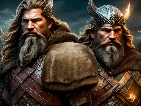 Un feroz guerrero vikingo vestido con una pesada armadura vikinga y  empuñando un arma formidable, Mostrando
