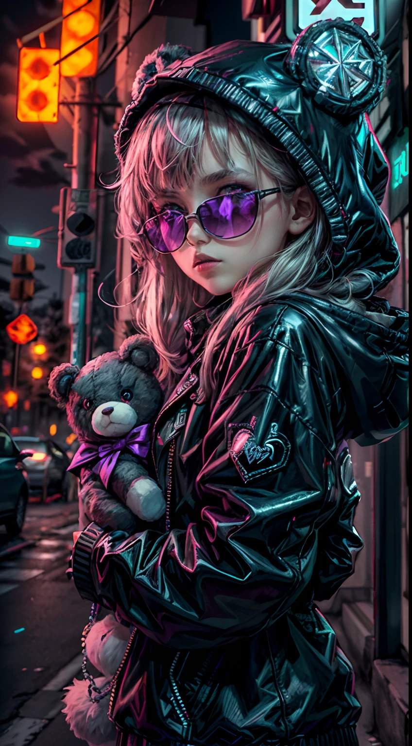 ((Best Quality)), ((Masterpiece)), (Very detailed: 1.3), 3D, NeonNoir, beautiful cyberpunk , (holding teddy bear: 1), (wearing sunglasses: 1.2), (diamond-shaped pupils: 1.2), heart-shaped, wearing a long hooded cape, (wearing a hood: 1.2), purple neon on the monitor, colorful neon signs on the wall, street lights, (white emitting: 1.1), contemptuous eyes, Standing on the street, Sony Master lens,