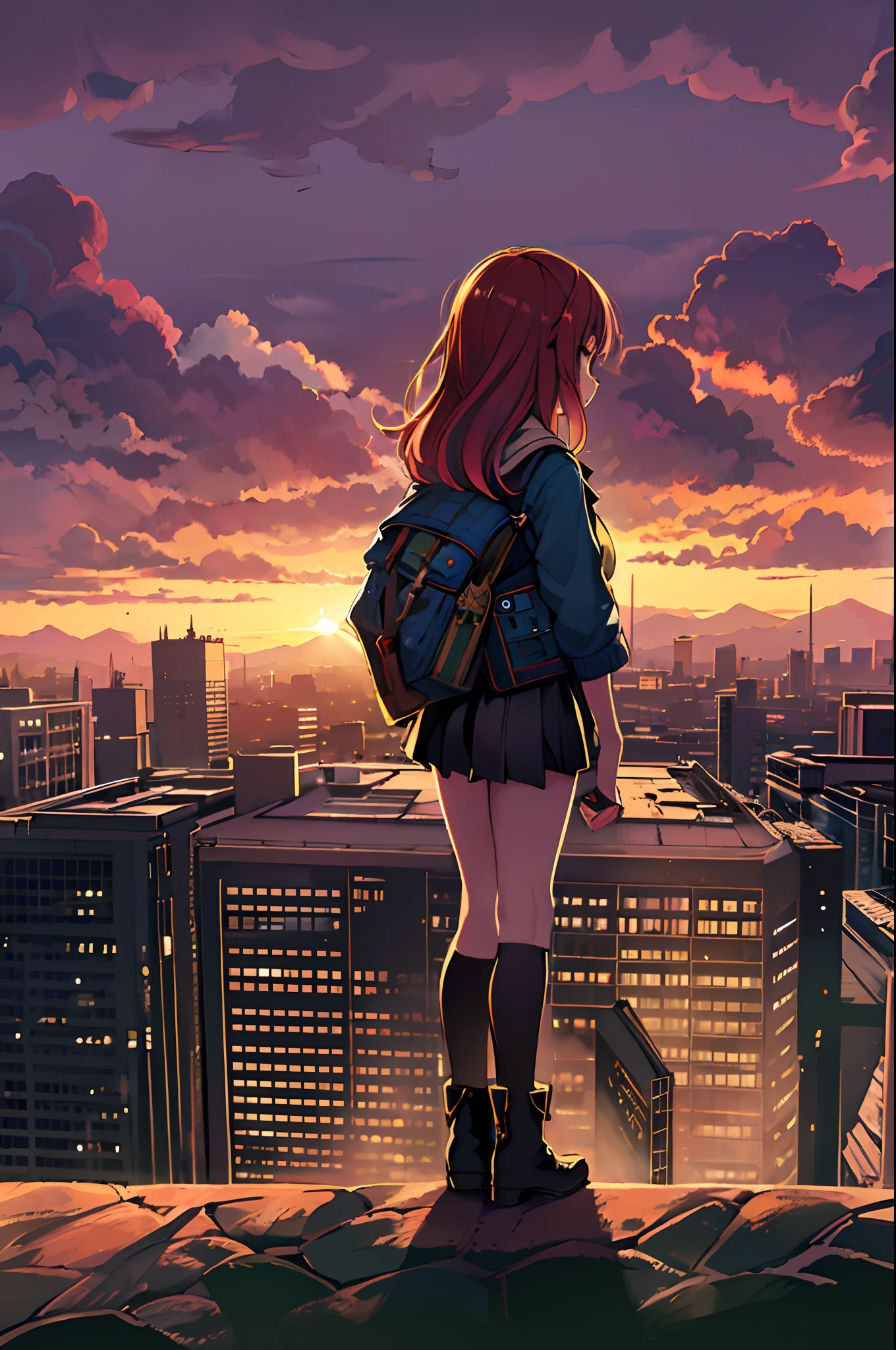 ((Best Illustration)) Brazilian girls, Red hair, Teenage body, Black top, Black tight skirt, black boots, Urban landscape, building, sky line, Sunset, Silhouette against the background of clouds, Contemplative. Lori、Young children