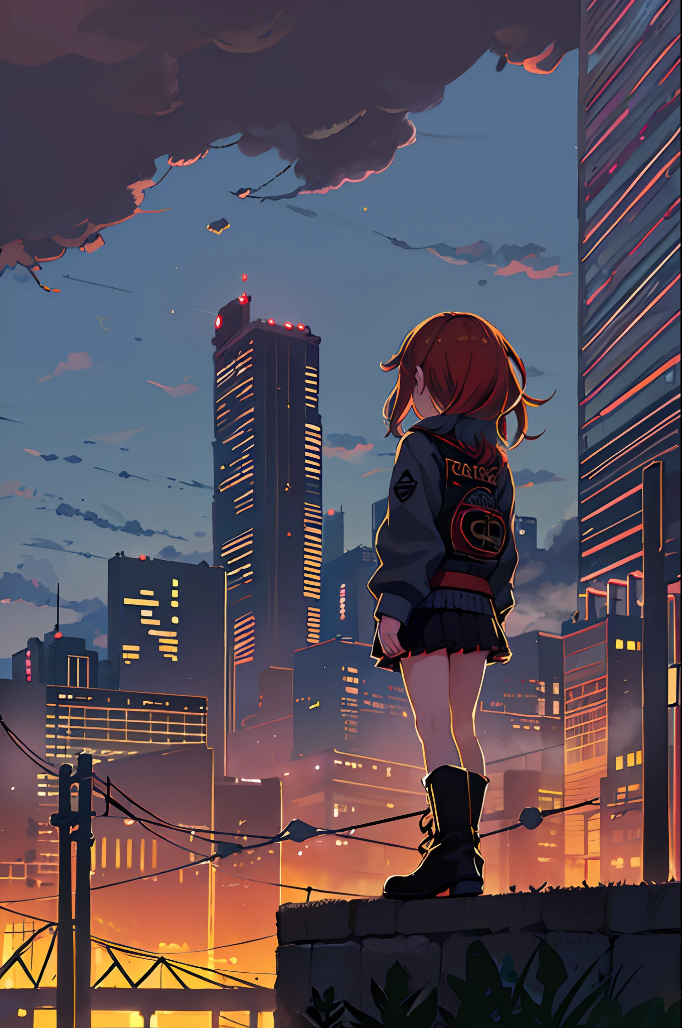 ((Best Illustration)) Brazilian girls, Red hair, Teenage body, Black top, Black tight skirt, black boots, Urban landscape, building, sky line, Sunset, Silhouette against the background of clouds, Contemplative. Lori、Young children