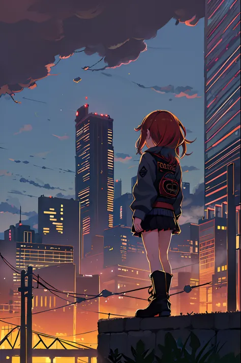 ((best illustration)) brazilian girls, red hair, teenage body, black top, black tight skirt, black boots, urban landscape, build...