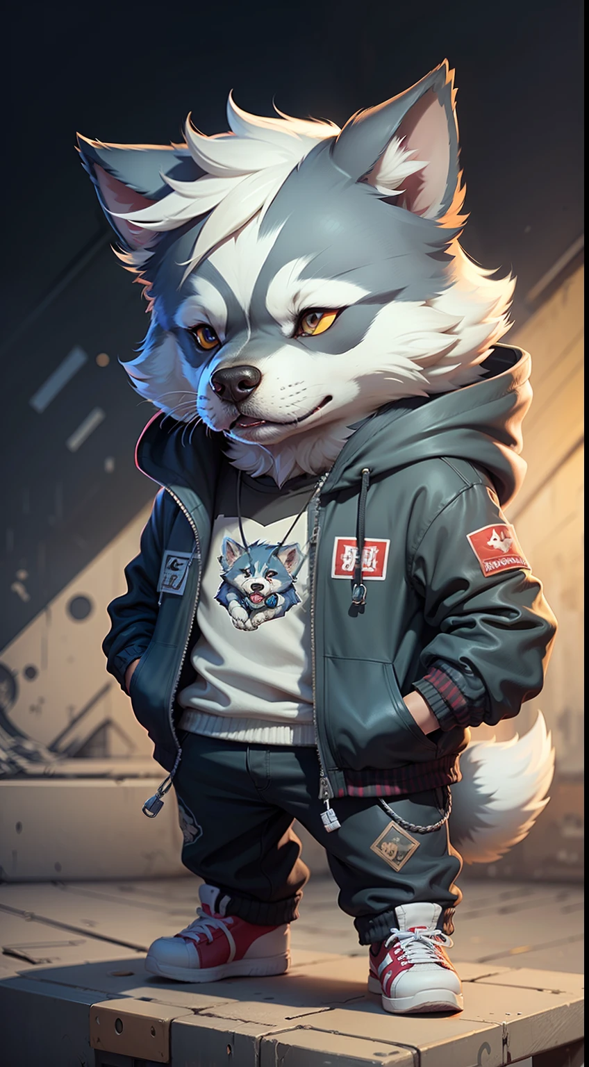 c4tt4stic, Cartoon Siberian husky dog in jacket and skateboard