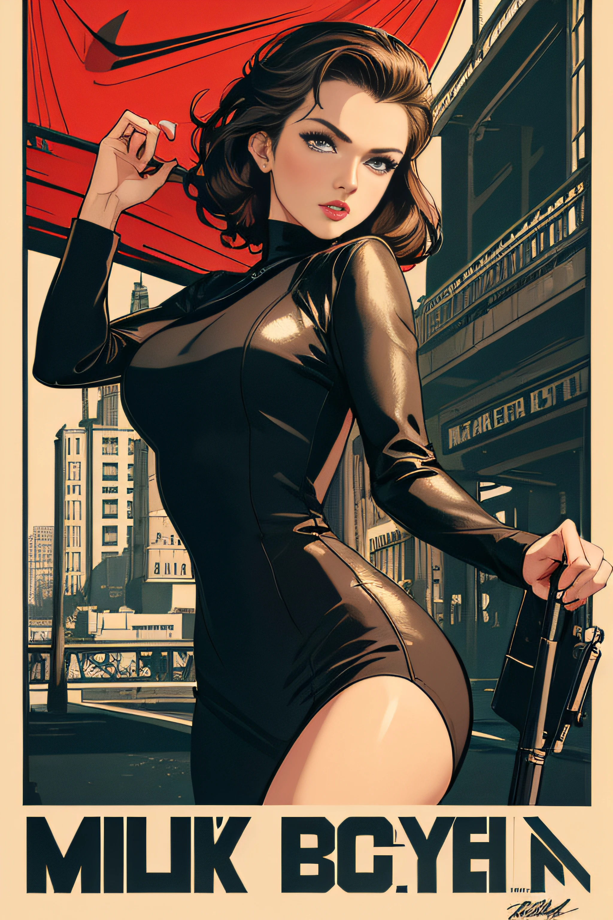 A poster of a woman in a black dress holding a gun - SeaArt AI