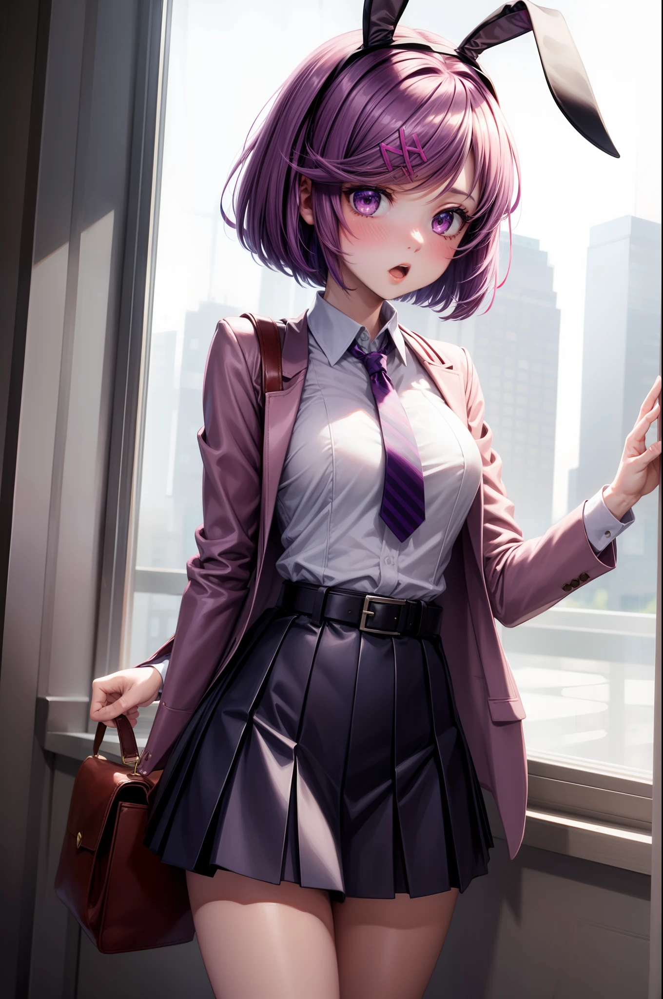 1 girl, animal ears, bangs, belt, short hair,belt bag,black skirt, blue tie, blush, collared shirt, artificial animal ears, halo, indoors, jacket, looks at the viewer, mini skirt, tie, open shoulders, open clothes, unbuttoned jacket, open mouth, playboy rabbit, pleated skirt, bag, purple eyes, purple hair, bunny ears, shirt, skirt, solo, two-tone jacket, two sides up, white belt, white jacket, white shirt, window, yuka