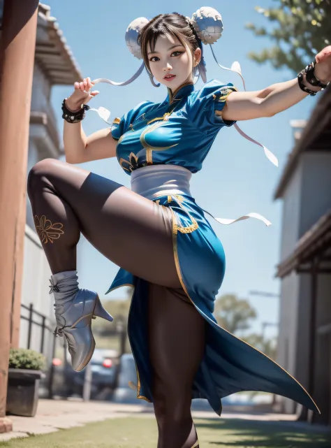 Em um photoshoot profissional e de marketing realista, capturar Chun Li, Highlight for hands that must have five fingers on each hand, the iconic Street Fighter character, in an intermediate action pose. Show off your strength and determination as she perf...