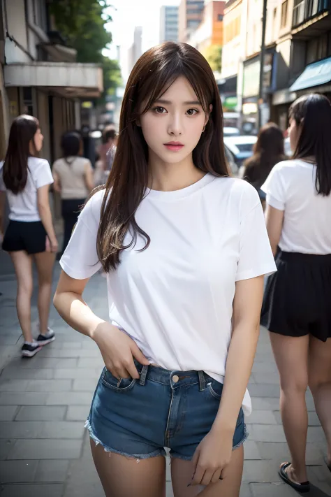 Best Quality, masuter piece, 超A high resolution, (Photorealistic:1.4), Raw photo, Professional Lighting, high-level image quality, high-detail, ​masterpiece、hotpants、tshirts、a 25 year old girl、Staring at the viewer、You are seducing your audience、Street cor...