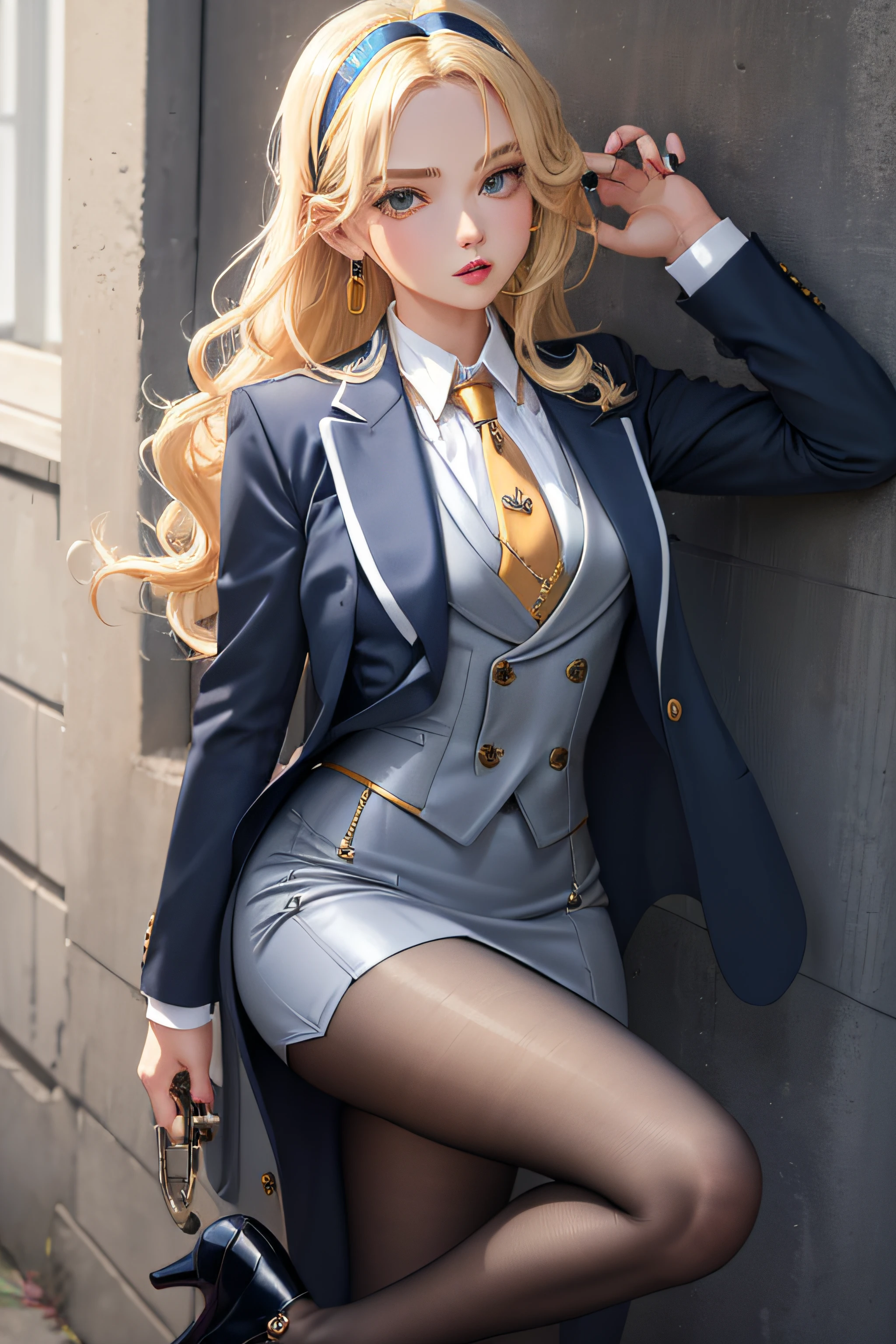 (masterpiece, best quality:1.2), cowboy shot, solo, 1girl, long hair, pushed back hair, wavy hair, hairband, blonde hair, makeup, lipstick, looking at viewer, grey skirt suit, (((three-piece suit))), ((blue dress shirt with white collar)), contrast collar, gold necktie, blazer, (((suit jacket))), (((waistcoat))), double-breasted waistcoat, bodycon miniskirt, pencil skirt, tie clip, pocket square, pocket watch, pantyhose, high heels, earrings, painted nails,