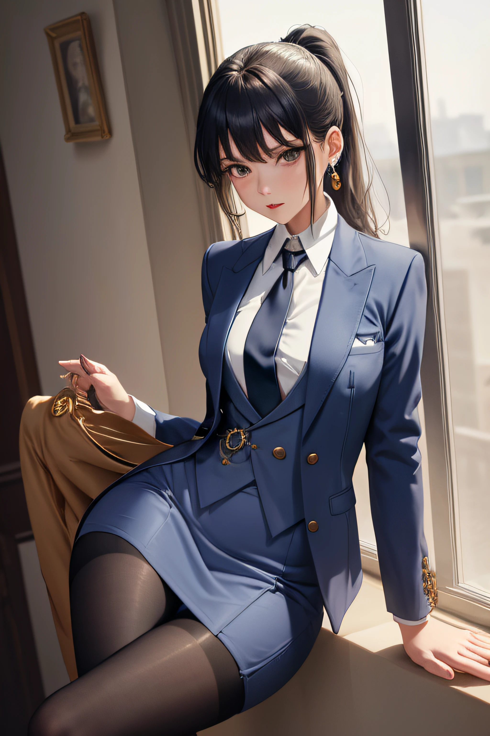 (masterpiece, best quality:1.2), cowboy shot, solo, 1girl, weissvale, looking at viewer, hand on leg, ponytail, scar on eye, grey skirt suit, (((three-piece suit))), ((blue dress shirt with white collar)), contrast collar, gold necktie, blazer, (((suit jacket))), (((waistcoat))), double-breasted waistcoat, bodycon miniskirt, pencil skirt, tie clip, pocket square, pocket watch, pantyhose, high heels, earrings,