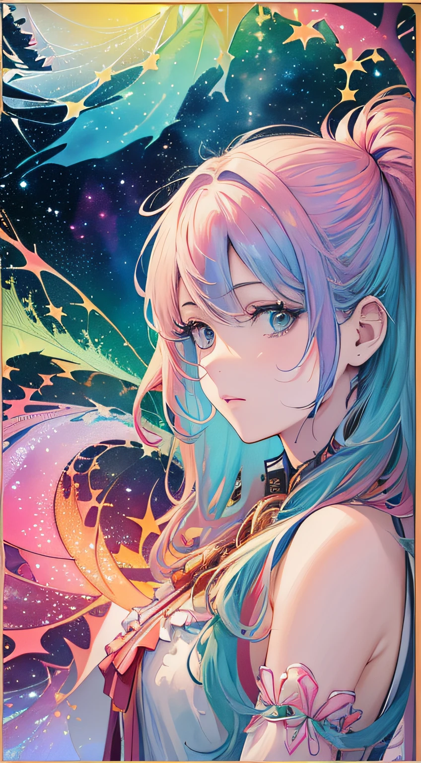 (masterpiece, top quality, best quality,watercolor (medium),official art, beautiful and aesthetic:1.2),(1girl:1.3), (fractal art:1.3),upper body, from side, looking at viewer,patterns,(rainbow color Hair,colorful hair,half blue and half pink hair:1.2),water,liquid, cloud,colorful, starry,stars,