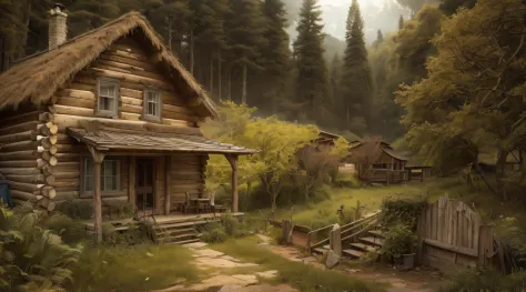 As the light began to fade, an old log cabin was spotted in a small clearing ahead. The cabin's roof shimmered in the fading sunlight. The log cabin was located near a quaint steampunk village, nestled within the rugged wilderness.
Upon approaching the cab...