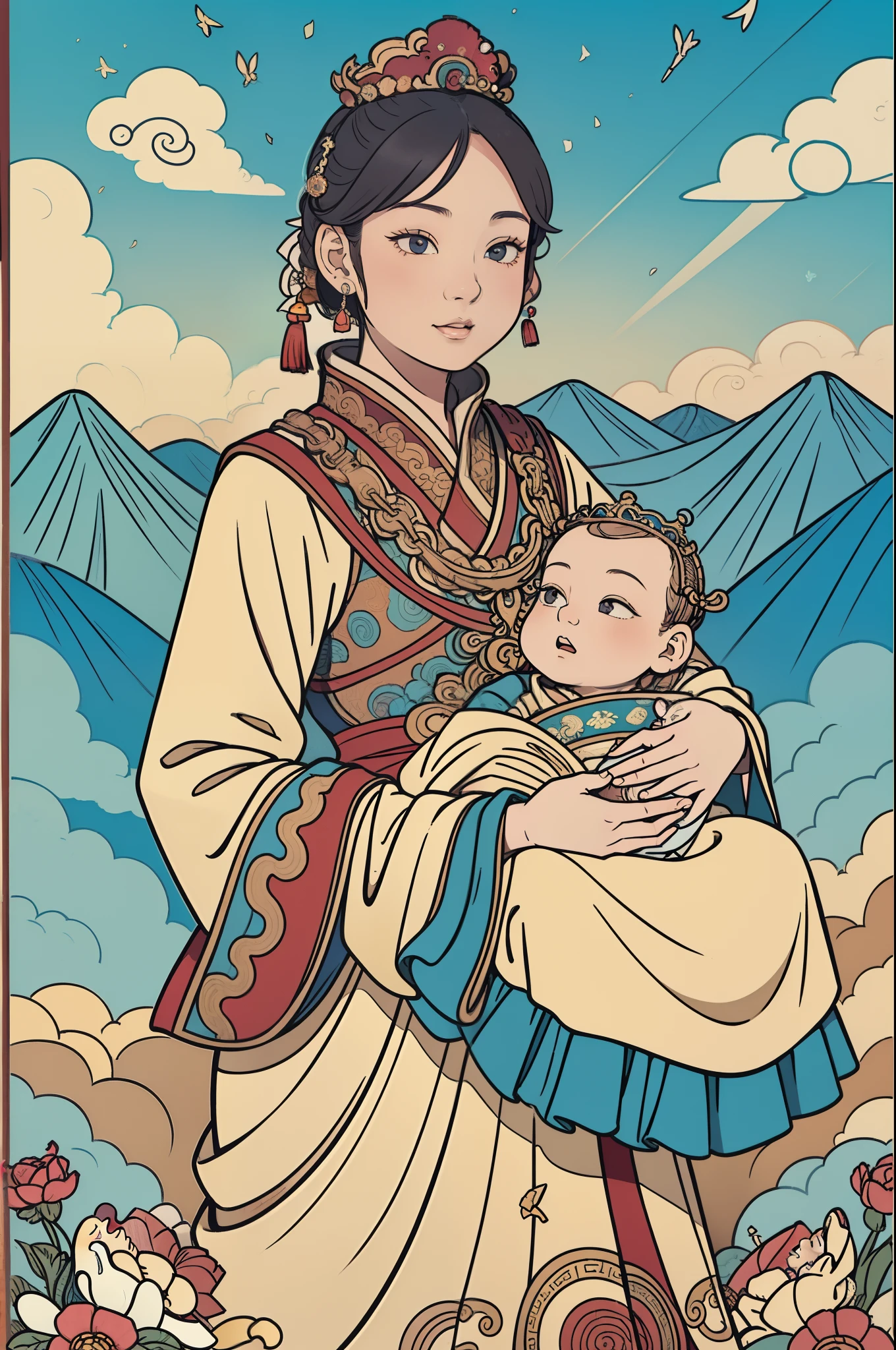 The beautiful 16-year-old Chinese queen holds a (baby prince:1.5) wearing shavings in her arms, Walking, Straight eyes, radiating a brilliant aura, Rosary handle, Crown Team, (Systemic: 2.0), Stand in the cloud, our lady, (full body: 2.0)