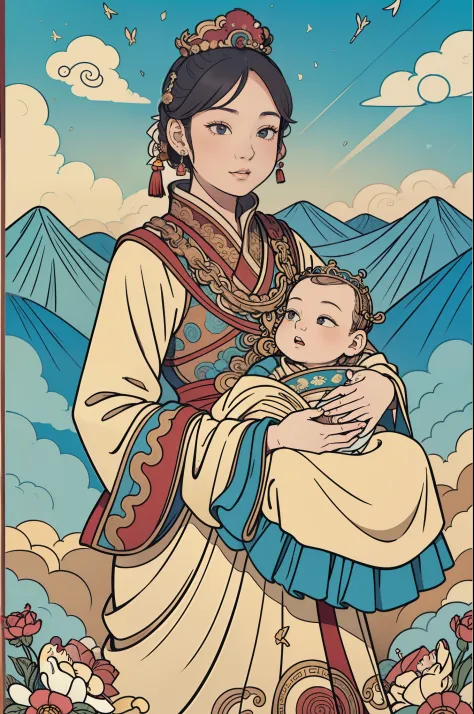 The beautiful 16-year-old Chinese queen holds a (baby prince:1.5) wearing shavings in her arms, Walking, Straight eyes, radiatin...