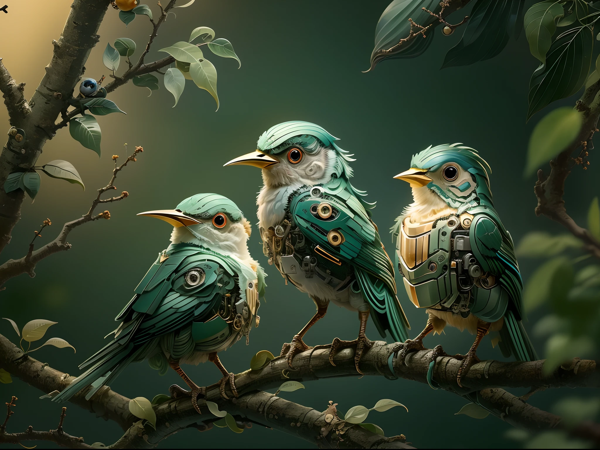 (Best quality,4K,8K,A high resolution,Masterpiece:1.2)。(There are 3 cute mechanical birds on the branches:1.2)，Glowing eyes，sharp beak,。beautifully soft lit, Edge light,Global illumination，exquisitedetails。