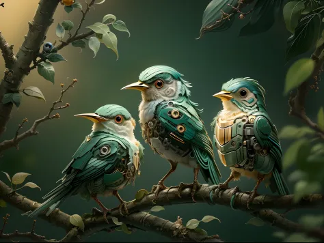 (Best quality,4K,8K,A high resolution,Masterpiece:1.2)。(There are 3 cute mechanical birds on the branches:1.2)，Glowing eyes，shar...