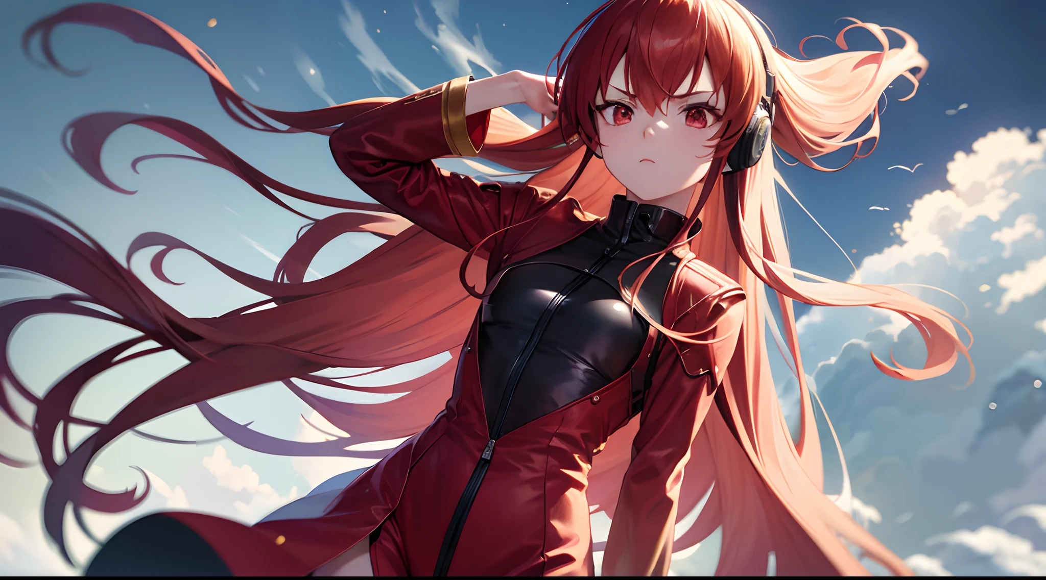 Red long-sleeved jumpsuit(The middle of the chest is not covered), Ultra-high image quality 4K, Red eyes, Red headphones, Long white hair, background battlefield, White hair, Long hair,