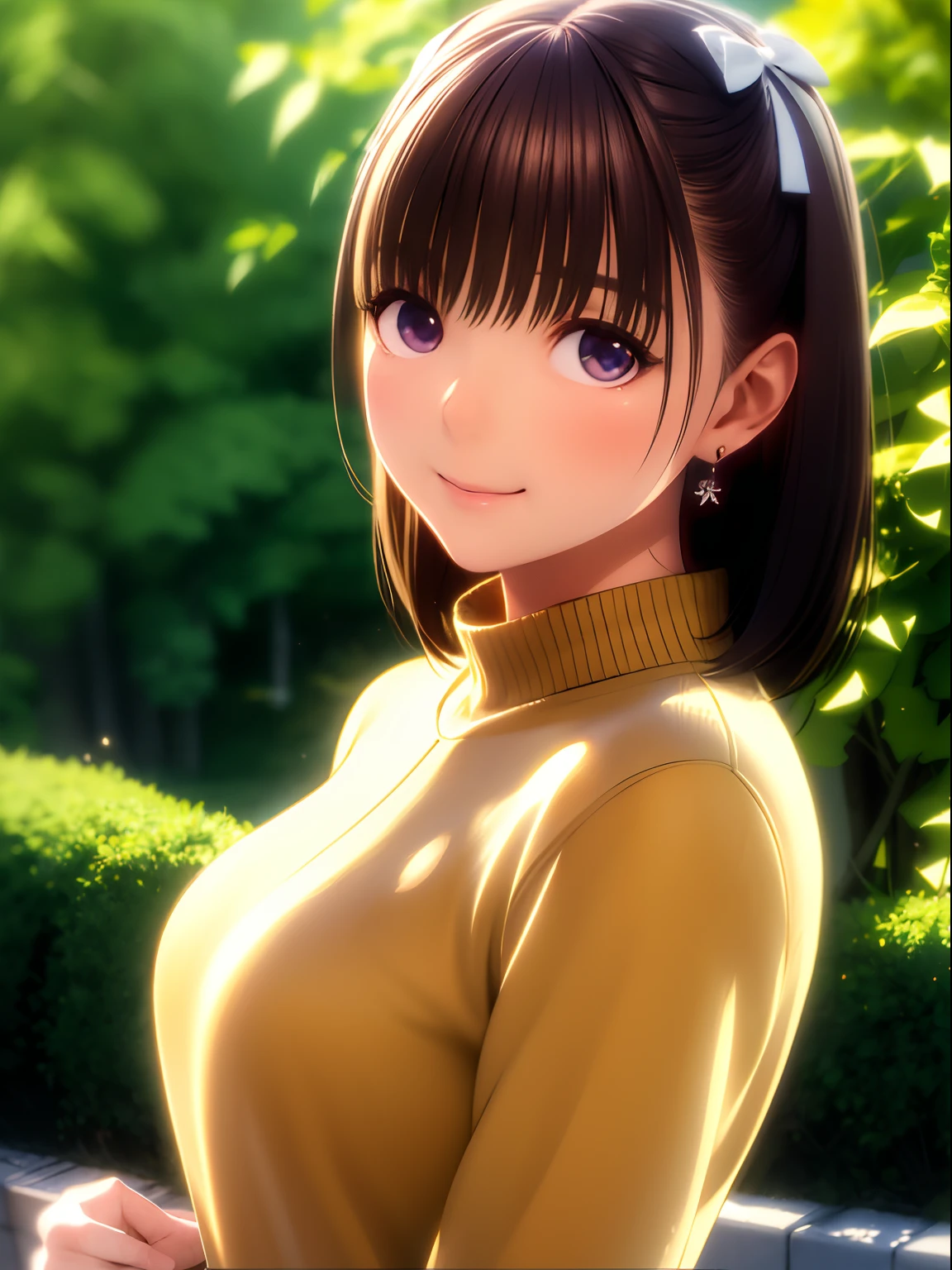 hight resolution,8K,Best Quality,detaileds,semi - realistic anime,Anime 3D Style,Smooth Anime CG,1 girl in,20 year old woman in Japan,slim,modeled,shiny chestnut hair,Medium Hair,Detailed face,Beautiful and detailed eyes,Glowing skin,(Sweaters),earring beautiful,autumnal,tag,Colored leaves,Ginkgo tree,dead wood,(Golden leaves flutter),with light glowing, plein air, Beautiful details sky, (dynamicposes:0.8),Hard Focus、film grains,Soft lighting,the wind,looking at the viewers,A smile,Angle from the side