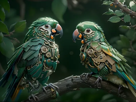 (Best quality,4K,8K,A high resolution,Masterpiece:1.2)。(There are 2 cute mechanical parrots on the branches:1.37)，Glowing eyes，s...