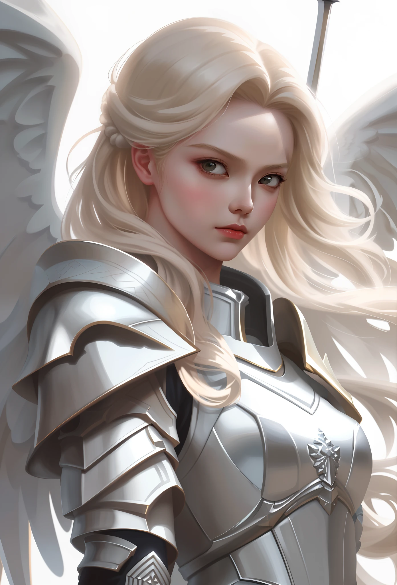 Ange blonde avec une épée et une armure debout devant un fond blanc,  du chevalier ange, artgerme. Détails élevés, artgerme extremamente detalhado, artgerme detalhado, Oups | artgerme, Modèle IG | artgerme, artgerme. illustration animée, artgerme em ArtStation Pixiv, art conceptuel | artgerme